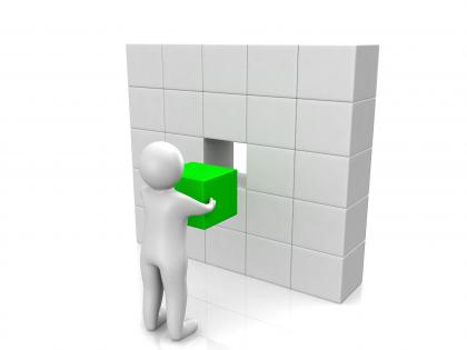 0914 3d men green cube finishing wall puzzle image graphic stock photo