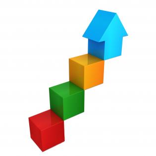 0914 arrow made of colorful cubes showing progressive steps stock photo