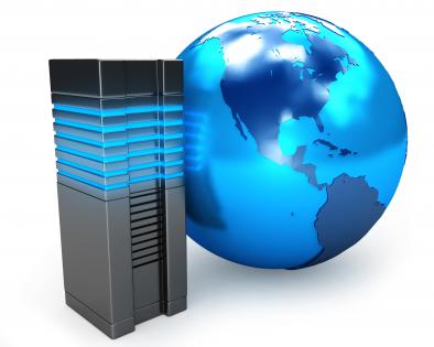 0914 blue globe with computer server for global technology stock photo