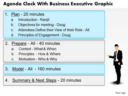 0914 business plan agenda clock with business executive graphic powerpoint template