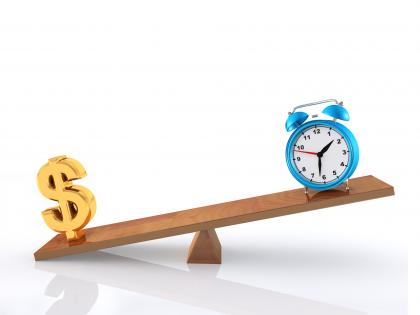 0914 clock and dollar sign on seesaw finance abstract image stock photo