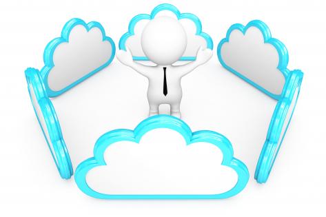 0914 clouds around business man for cloud computing connection stock photo