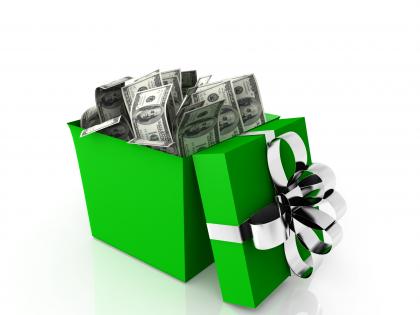 0914 green opened gift and dollars objects surprise graphic stock photo