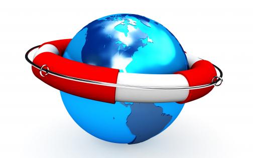 0914 life saver on blue globe for safe earth stock photo