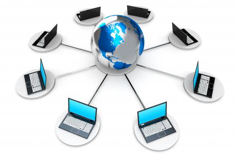 0914 network of laptops connected to globe stock photo