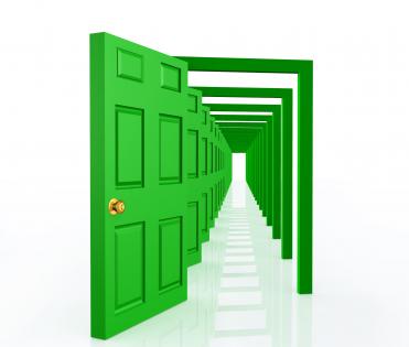 0914 open green doors on white background opportunity graphic stock photo