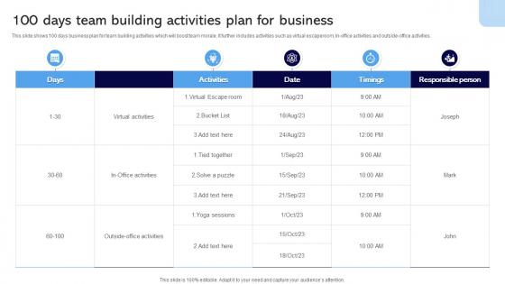 100 Days Team Building Activities Plan For Business