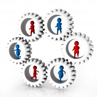 1114 3d peoples inside the gears for teamwork stock photo