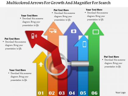 1114 multicolored arrows for growth and magnifier for search powerpoint template