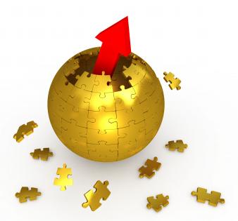 1114 red arrow coming out from sphere of puzzle pieces stock photo
