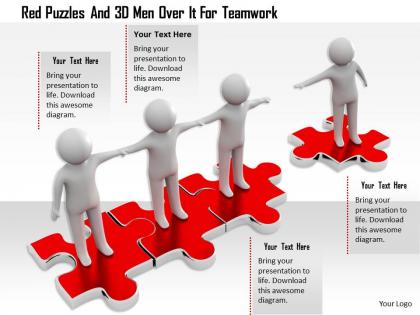 1114 red puzzles and 3d men over it for teamwork ppt graphics icons