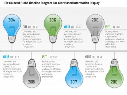 1114 six colorful bulbs timeline diagram for year based information display powerpoint template