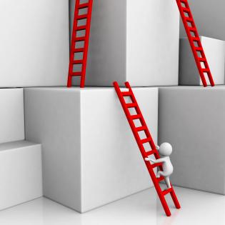 1114 three red ladders on cubes with 3d man climbing for success stock photo