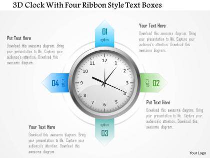 1214 3d clock with four ribbon style text boxes powerpoint template