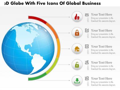 1214 3d globe with five icons of global business powerpoint template