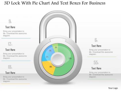 1214 3d lock with pie chart and text boxes for business powerpoint slide