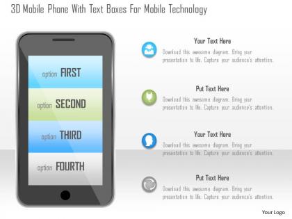 1214 3d mobile phone with text boxes for mobile technology powerpoint template