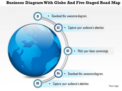 1214 business diagram with globe and five staged road map powerpoint presentation