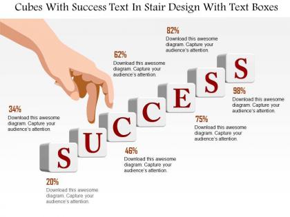 1214 cubes with success text in stair design with text boxes powerpoint template