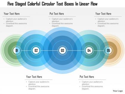 1214 five staged colorful circular text boxes in linear flow powerpoint template