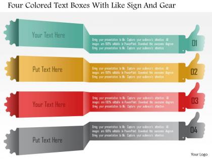1214 four colored text boxes with like sign and gear powerpoint template