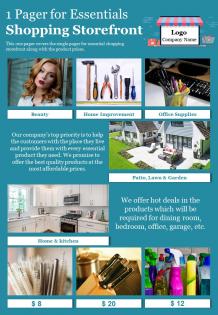 1 pager for essentials shopping storefront presentation report infographic ppt pdf document