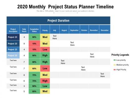 2020 monthly project status planner timeline