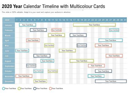 2020 year calendar timeline with multicolour cards