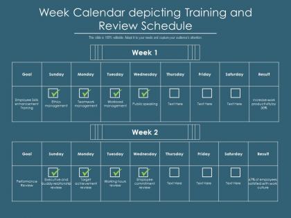 2 week calendar depicting training and review schedule