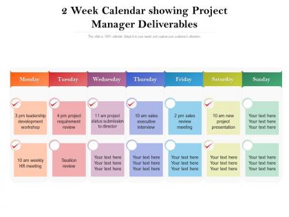 2 week calendar showing project manager deliverables