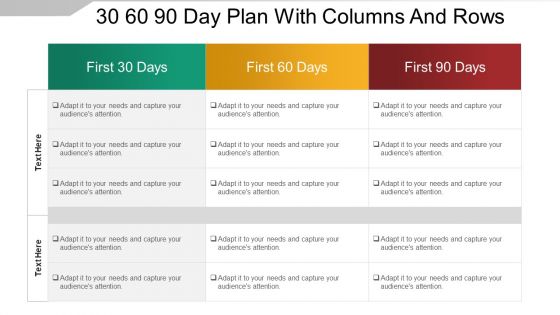 30 60 90 day plan with columns and rows sample of ppt