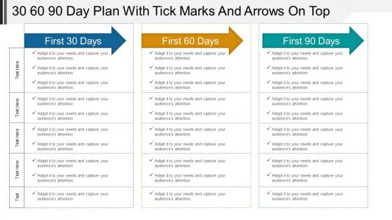 30 60 90 day plan with tick marks and arrows on top powerpoint ideas
