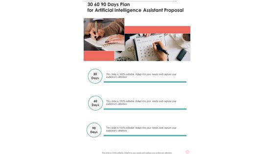 30 60 90 Days Plan For Artificial Intelligence Assistant Proposal One Pager Sample Example Document