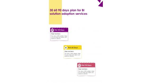 30 60 90 Days Plan For BI Solution Adoption One Pager Sample Example Document