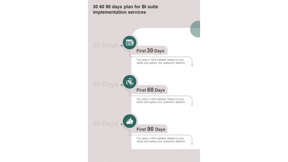 30 60 90 Days Plan For BI Suite Implementation One Pager Sample Example Document