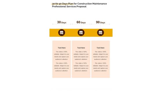 30 60 90 Days Plan For Construction Maintenance Professional One Pager Sample Example Document