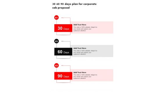 30 60 90 Days Plan For Corporate Cab Proposal One Pager Sample Example Document