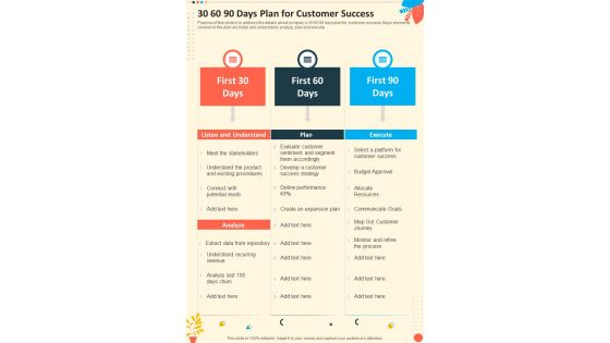 30 60 90 Days Plan For Customer Success One Pager Sample Example Document