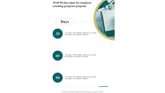 30 60 90 Days Plan For Employee Coaching Program Proposal One Pager Sample Example Document