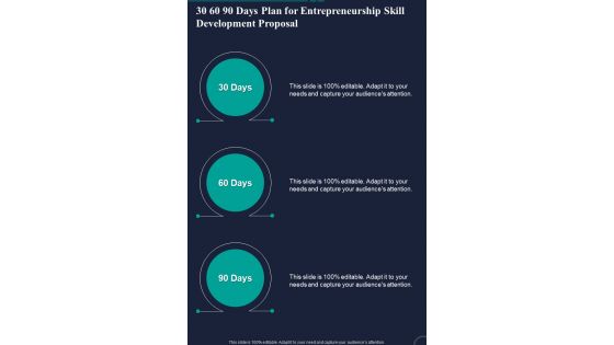 30 60 90 Days Plan For Entrepreneurship Skill Development Proposal One Pager Sample Example Document