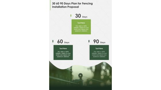 30 60 90 Days Plan For Fencing Installation Proposal One Pager Sample Example Document