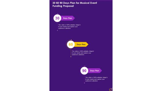 30 60 90 Days Plan For Musical Event Funding Proposal One Pager Sample Example Document