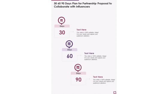 30 60 90 Days Plan For Partnership To Collaborate With Influencers One Pager Sample Example Document