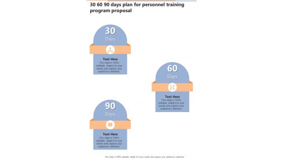 30 60 90 Days Plan For Personnel Training Program One Pager Sample Example Document