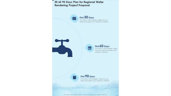 30 60 90 Days Plan For Regional Water Rendering Project One Pager Sample Example Document