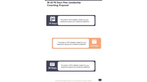 30 60 90 Days Plan Leadership Coaching Proposal One Pager Sample Example Document