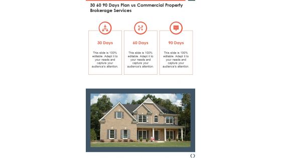 30 60 90 Days Plan Us Commercial Property Brokerage Services One Pager Sample Example Document