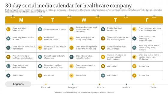 30 Day Social Media Calendar For Healthcare Company Promotional Plan Strategy SS V