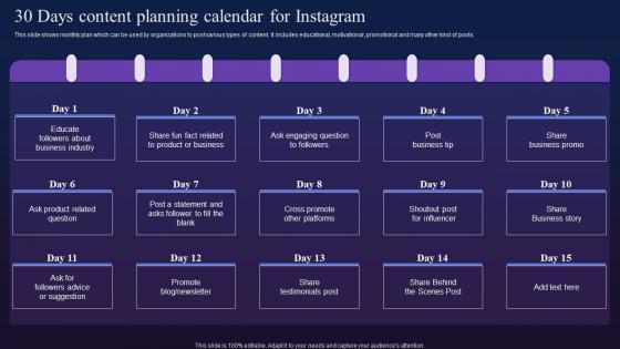 30 Days Content Planning Calendar For Instagram Digital Marketing To Boost Fin SS V