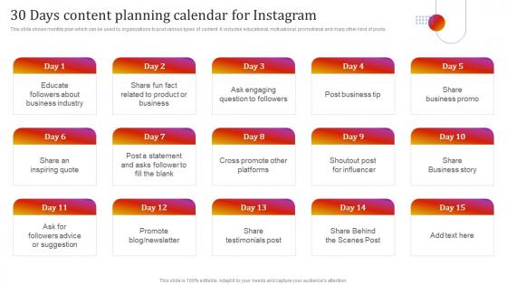 30 Days Content Planning Calendar For Instagram Instagram Marketing To Grow Brand Awareness